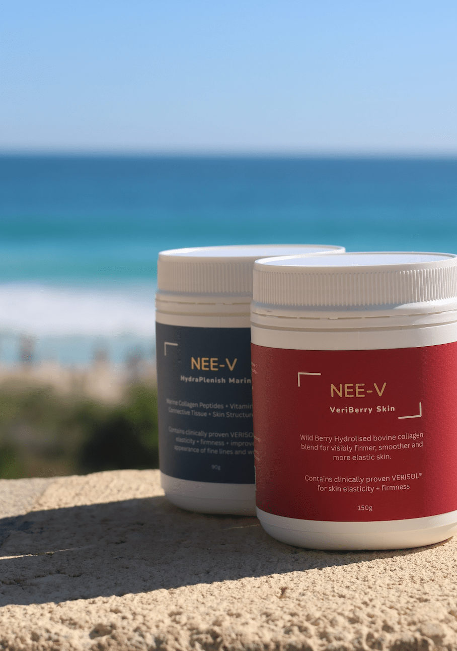 Marine vs bovine collagen comparison for skin, hair and healthy ageing, featuring NEE-V HydraPlenish Marine and Glow Naked collagen powders.