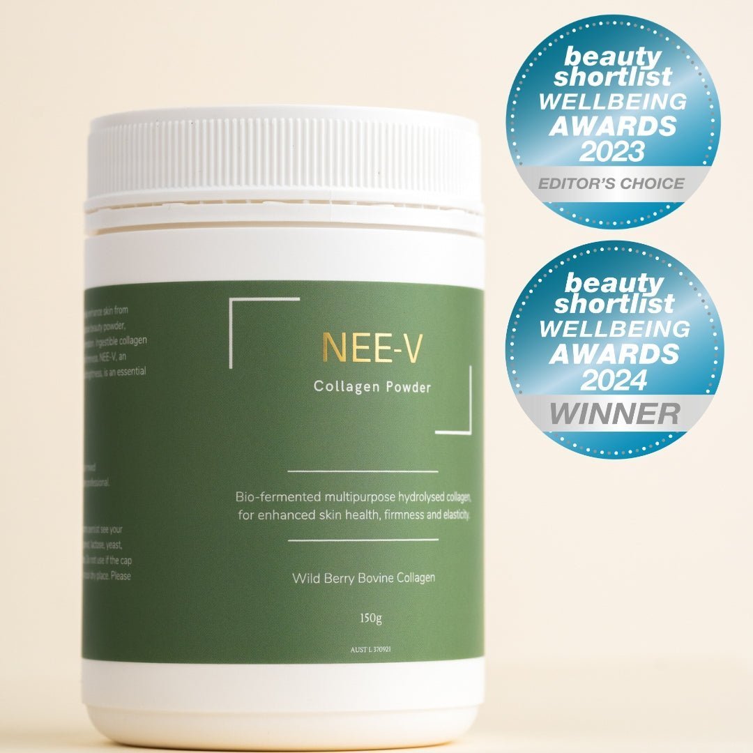 NEE-V collagen development story highlighting clinically researched ingredients, Australian manufacturing and skin health