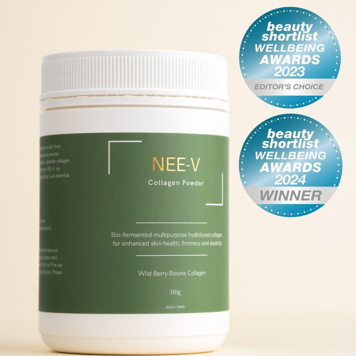 NEE-V collagen development story highlighting clinically researched ingredients, Australian manufacturing and skin health