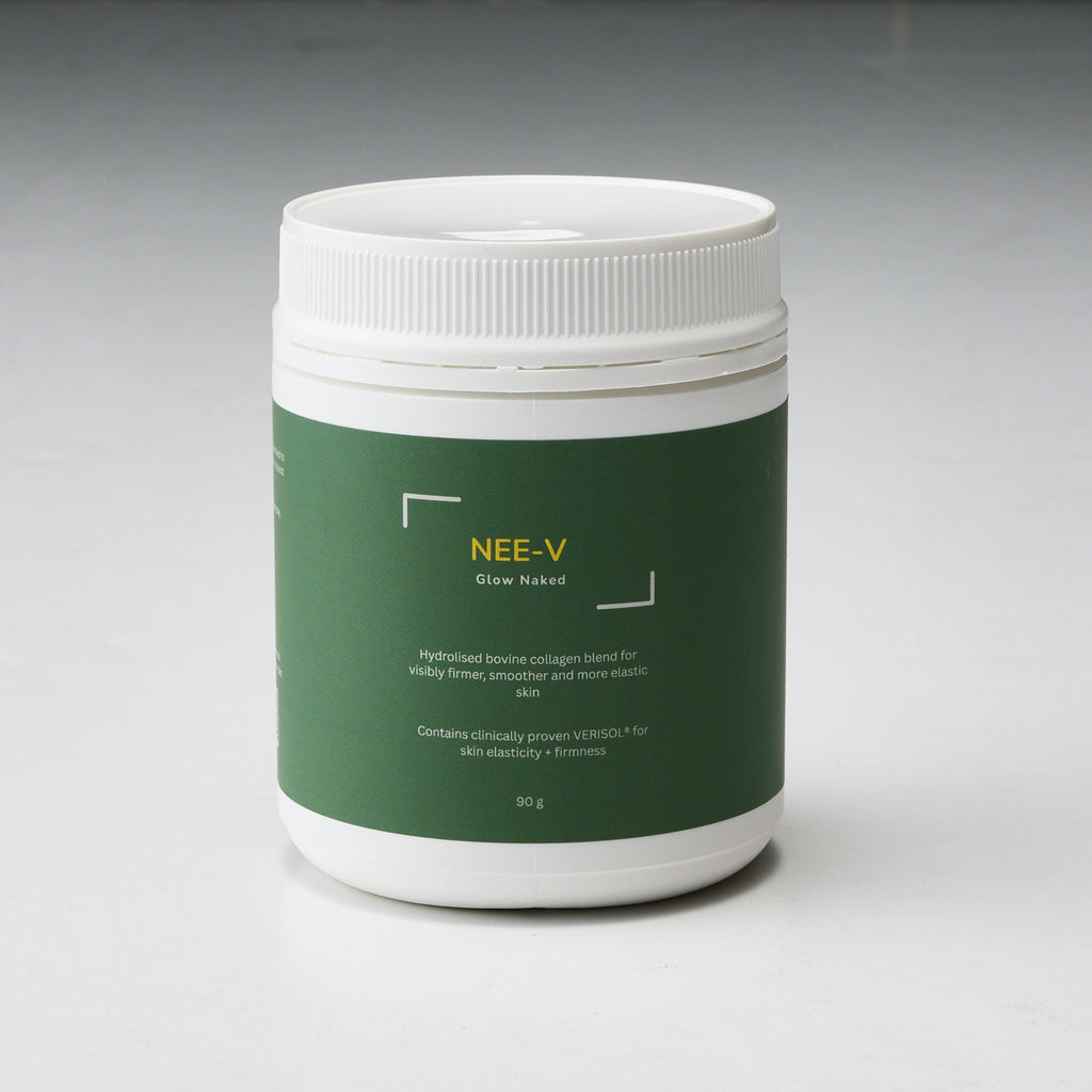 NEE-V Glow Naked unflavoured collagen supplement featuring clinically researched VERISOL® collagen peptides in an Australian-made wellness formulation.